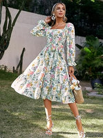 Women's Boho Flowy Long Sleeve Square Neck Floral Midi Dress
