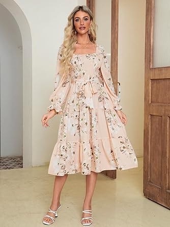 Women's Boho Flowy Long Sleeve Square Neck Floral Midi Dress