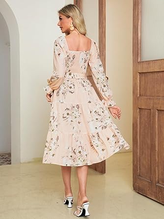 Women's Boho Flowy Long Sleeve Square Neck Floral Midi Dress