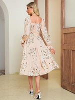 Women's Boho Flowy Long Sleeve Square Neck Floral Midi Dress