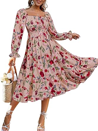 Women's Boho Flowy Long Sleeve Square Neck Floral Midi Dress