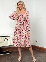 Women's Boho Flowy Long Sleeve Square Neck Floral Midi Dress