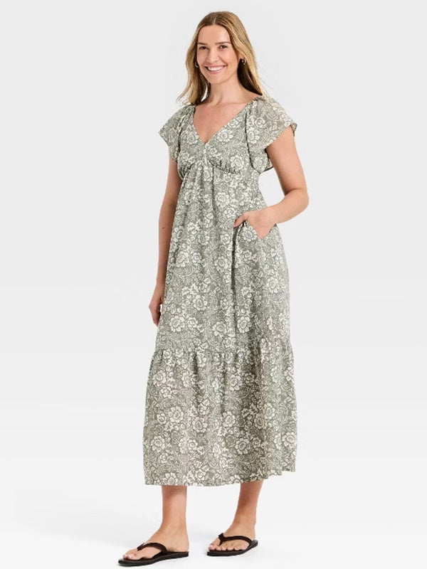 Universal Thread Floral Flutter-SleeveMaxi Dress for Women