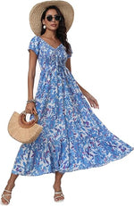 Women’s Floral Smocked Tiered Maxi Dress - Casual Boho A-Line