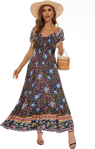Women’s Floral Smocked Tiered Maxi Dress - Casual Boho A-Line