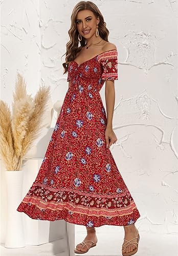 Women’s Floral Smocked Tiered Maxi Dress - Casual Boho A-Line