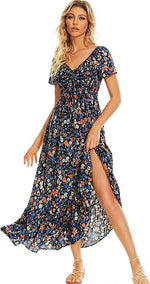 Women’s Floral Smocked Tiered Maxi Dress - Casual Boho A-Line