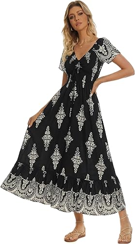 Women’s Floral Smocked Tiered Maxi Dress - Casual Boho A-Line