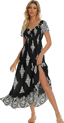 Women’s Floral Smocked Tiered Maxi Dress - Casual Boho A-Line