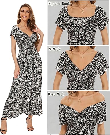 Women’s Floral Smocked Tiered Maxi Dress - Casual Boho A-Line