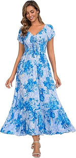 Women’s Floral Smocked Tiered Maxi Dress - Casual Boho A-Line