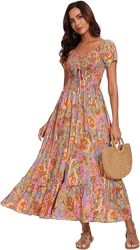 Women’s Floral Smocked Tiered Maxi Dress - Casual Boho A-Line