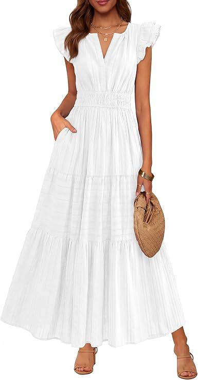 Women's Casual Boho Vacation Flutter Sleeve Tiered Flowy A-Line Maxi Dress