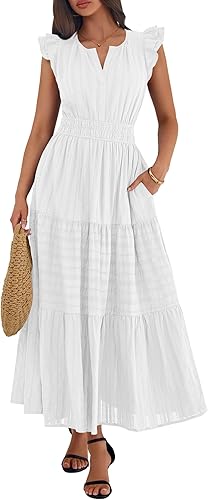 Women's Casual Boho Vacation Flutter Sleeve Tiered Flowy A-Line Maxi Dress