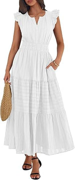 Women's Casual Boho Vacation Flutter Sleeve Tiered Flowy A-Line Maxi Dress