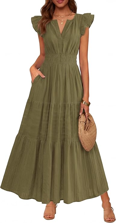 Women's Casual Boho Vacation Flutter Sleeve Tiered Flowy A-Line Maxi Dress
