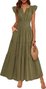 Women's Casual Boho Vacation Flutter Sleeve Tiered Flowy A-Line Maxi Dress