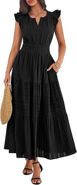 Women's Casual Boho Vacation Flutter Sleeve Tiered Flowy A-Line Maxi Dress