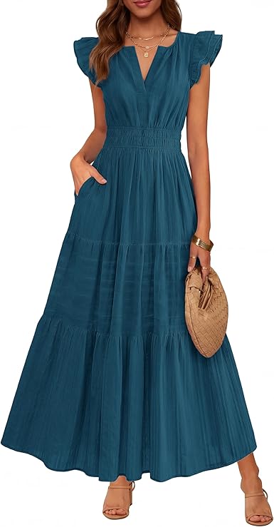 Women's Casual Boho Vacation Flutter Sleeve Tiered Flowy A-Line Maxi Dress