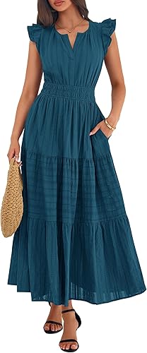 Women's Casual Boho Vacation Flutter Sleeve Tiered Flowy A-Line Maxi Dress