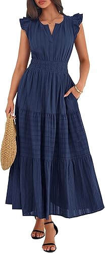 Women's Casual Boho Vacation Flutter Sleeve Tiered Flowy A-Line Maxi Dress
