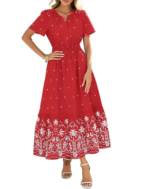 Women's Casual Summer Boho V-Neck Maxi Dress(White)