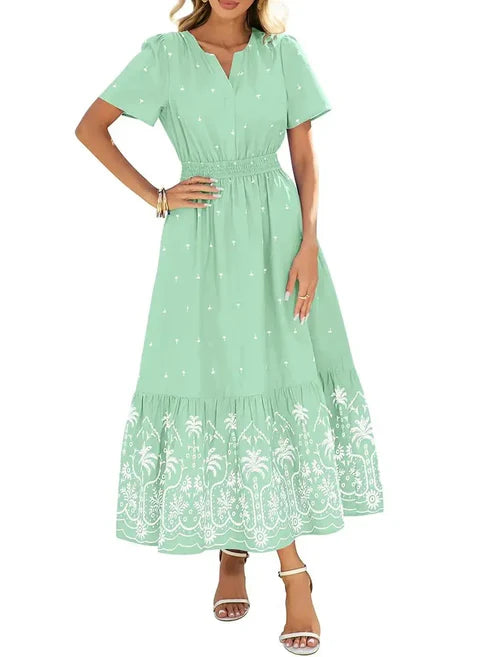 Women's Casual Summer Boho V-Neck Maxi Dress(White)