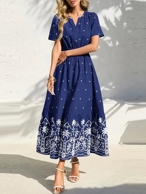 Women's Casual Summer Boho V-Neck Maxi Dress(White)
