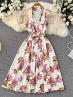 Vintage Floral Halter Dress Elegant Goddess Style with Tie Waist & V Neck