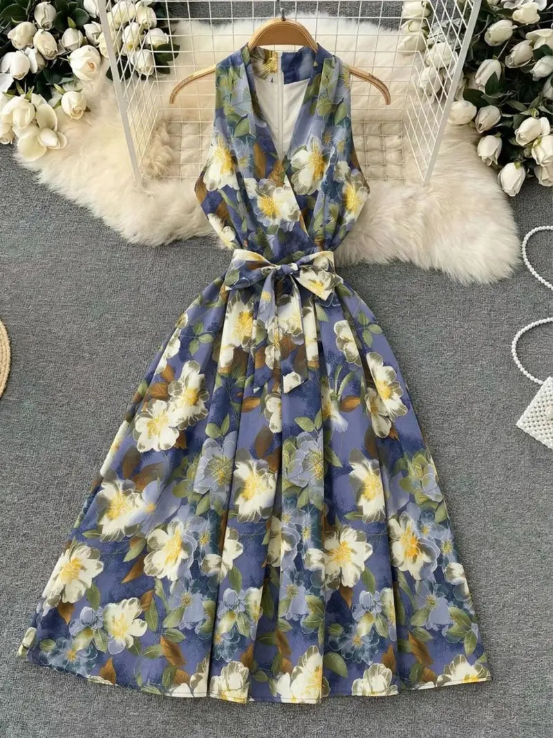 Vintage Floral Halter Dress Elegant Goddess Style with Tie Waist & V Neck