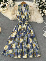 Vintage Floral Halter Dress Elegant Goddess Style with Tie Waist & V Neck