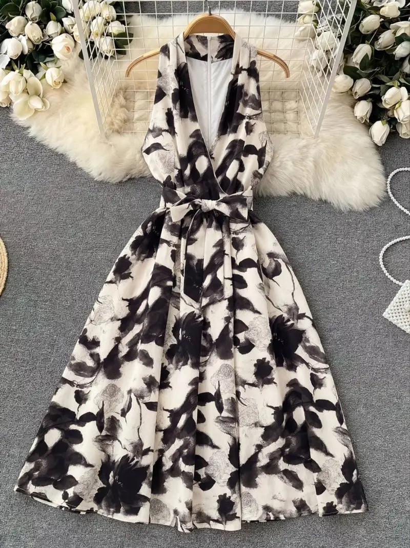Vintage Floral Halter Dress Elegant Goddess Style with Tie Waist & V Neck