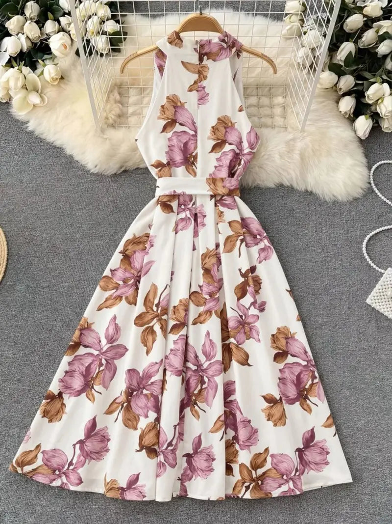 Vintage Floral Halter Dress Elegant Goddess Style with Tie Waist & V Neck