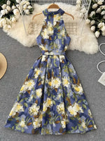 Vintage Floral Halter Dress Elegant Goddess Style with Tie Waist & V Neck