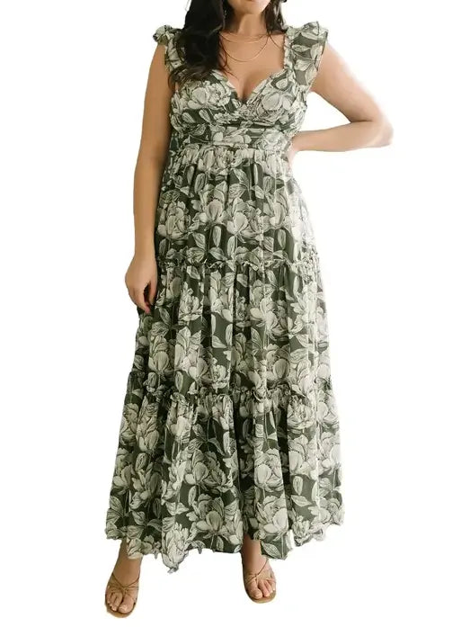 Vintage Garden Floral Tiered Maxi Dress with Ruffle Sleeves