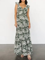 Vintage Garden Floral Tiered Maxi Dress with Ruffle Sleeves