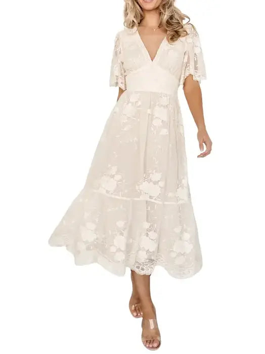 Romantic Cream Lace Wedding Guest & Party Midi Dress
