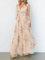 Romantic Floral Tulle Maxi Dress with Long Sleeves