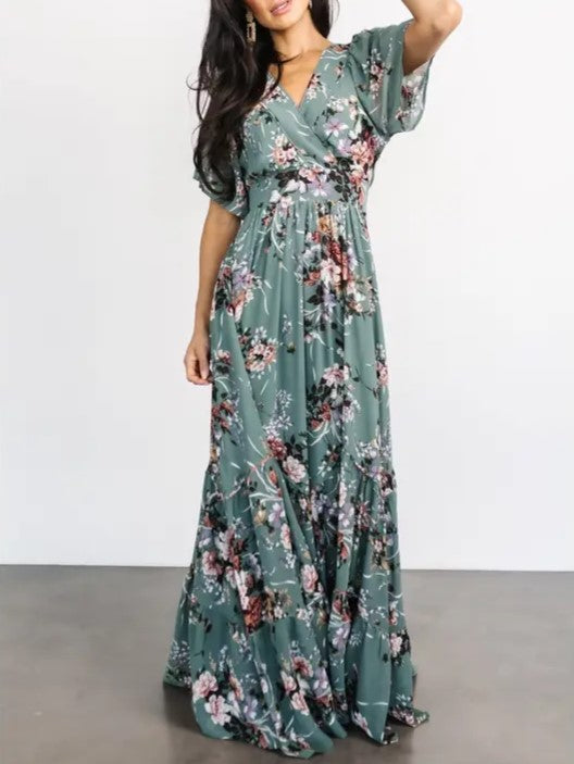 Vintage Dusty Green Floral Print V-Neck Short Sleeve Maxi Dress