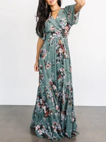 Vintage Dusty Green Floral Print V-Neck Short Sleeve Maxi Dress