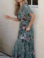 Vintage Dusty Green Floral Print V-Neck Short Sleeve Maxi Dress