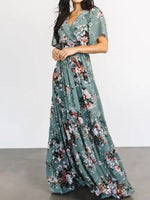 Vintage Dusty Green Floral Print V-Neck Short Sleeve Maxi Dress
