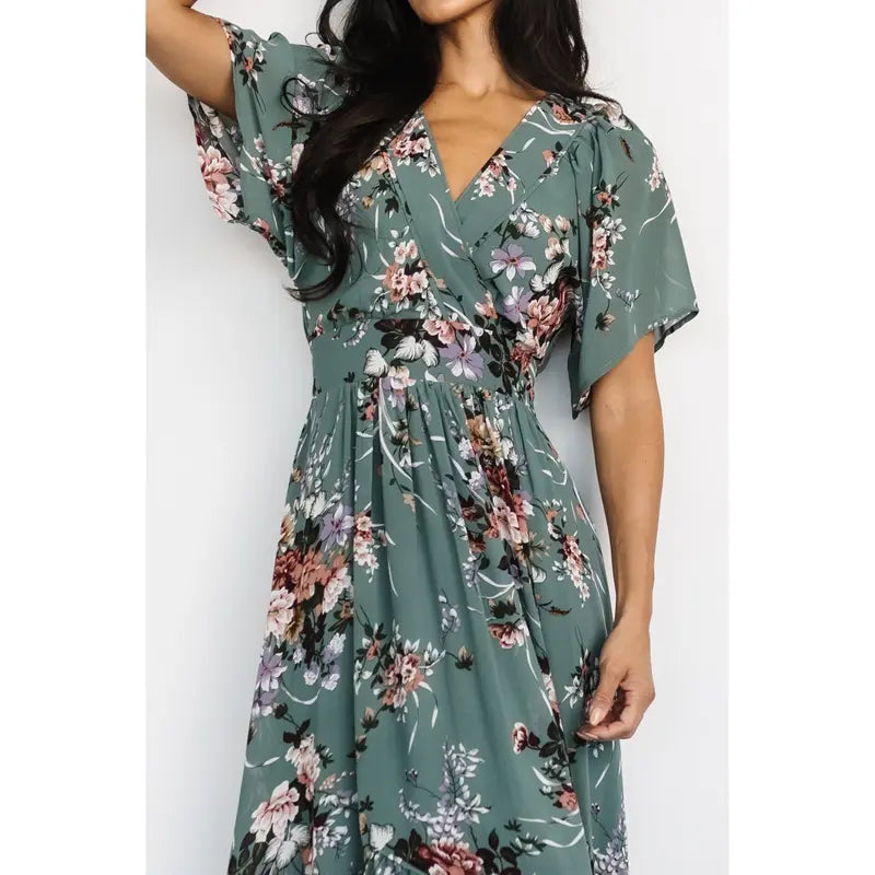 Vintage Dusty Green Floral Print V-Neck Short Sleeve Maxi Dress