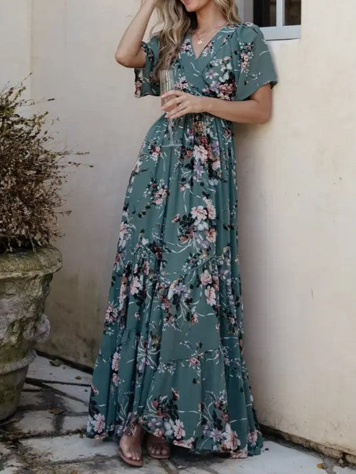 Vintage Dusty Green Floral Print V-Neck Short Sleeve Maxi Dress