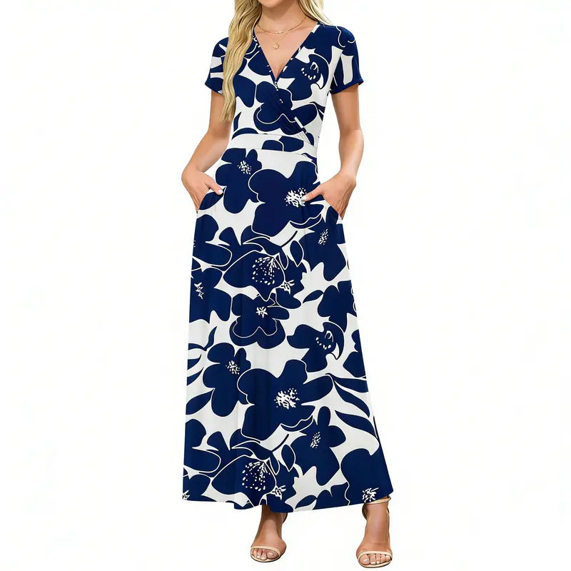 Women's V neck Ankle Length Floral Print Beach Long Flowy Maxi Dresses With Pockets