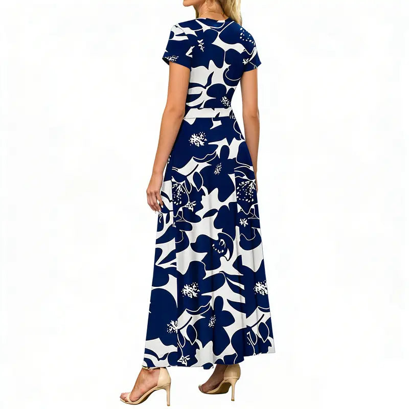 Women's V neck Ankle Length Floral Print Beach Long Flowy Maxi Dresses With Pockets