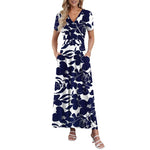 Women's V neck Ankle Length Floral Print Beach Long Flowy Maxi Dresses With Pockets