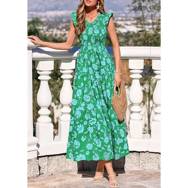 Women's Cotton Boho Floral Maxi Dress Summer Smocked V Neck Ruffle Sleeve Spring Flowy Beach Vacation Sundresses