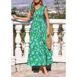 Women's Cotton Boho Floral Maxi Dress Summer Smocked V Neck Ruffle Sleeve Spring Flowy Beach Vacation Sundresses