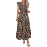 Women's Cotton Boho Floral Maxi Dress Summer Smocked V Neck Ruffle Sleeve Spring Flowy Beach Vacation Sundresses
